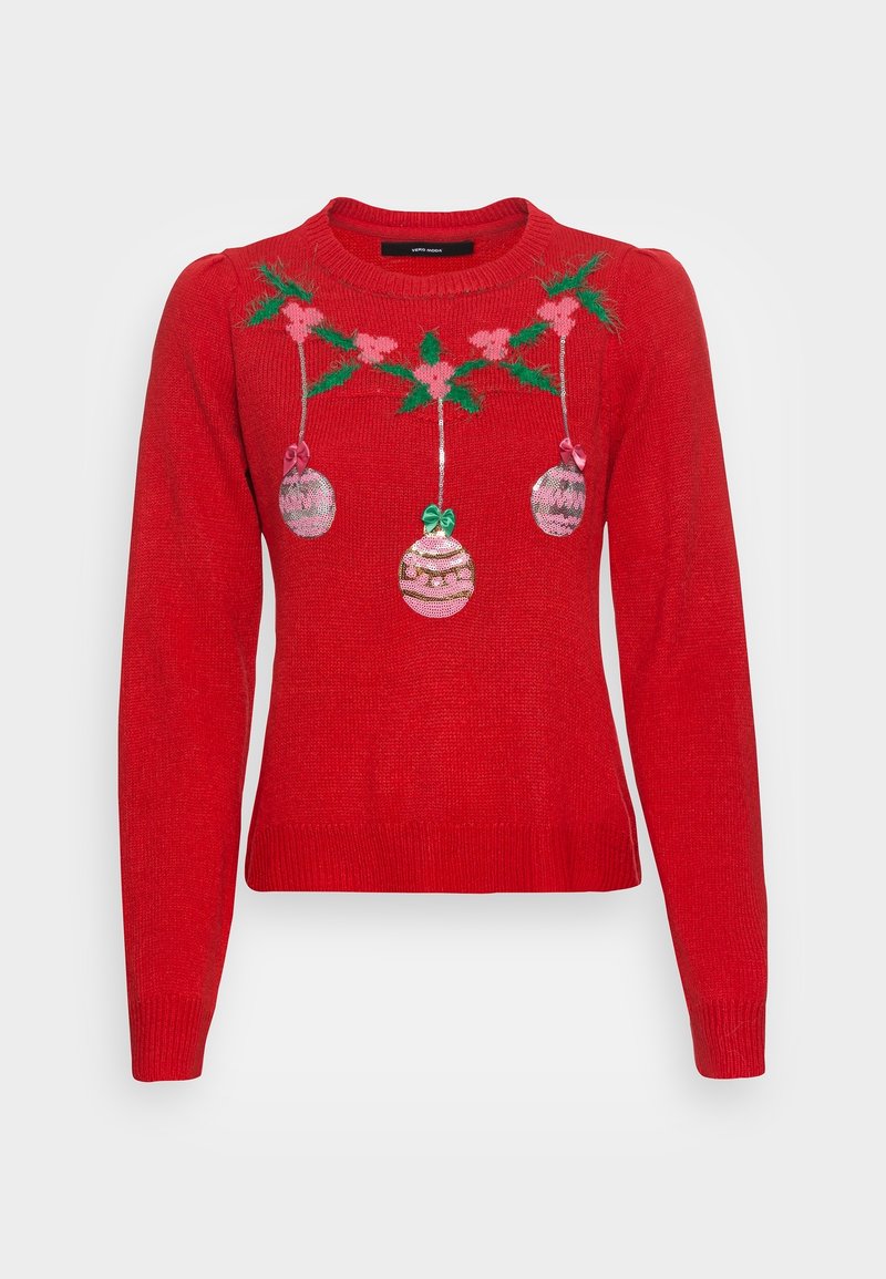 Pull en tricot rouge avec un col rond, des manches longues et des ornements de vacances brodés avec des feuilles vertes et des accents roses.
