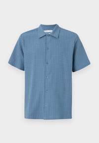 Short-sleeve button-up shirt in light blue, textured fabric, featuring a grid pattern and a classic collar. Six button closures along the front.