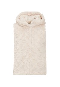 Fleece hætteindpakket i lyse beige med blød, tekstureret overflade og trykknaplukning foran. Har et behageligt, oversized design.