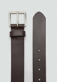 Brown leather belt with silver rectangular buckle, features a smooth texture, tapered end, and multiple holes for size adjustment.