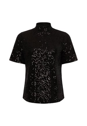 Top nero a maniche corte con collo alto, coperto da piccoli paillettes riflettenti che creano un effetto scintillante.