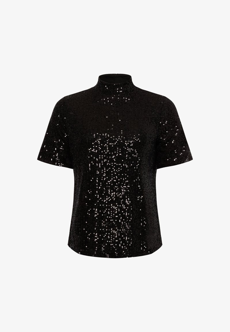 Haut noir à manches courtes avec un col montant, couvert de petits sequins réfléchissants créant un effet scintillant.