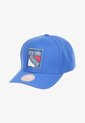 Blue baseball cap made of fabric featuring a stitched New York Rangers logo in red, white, and blue. Includes a flat brim and adjustable strap.