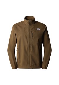 Bruine softshell jas met een hoge kraag, ritssluitingen en logo-detail. Heeft een gladde textuur en een getailleerde pasvorm.