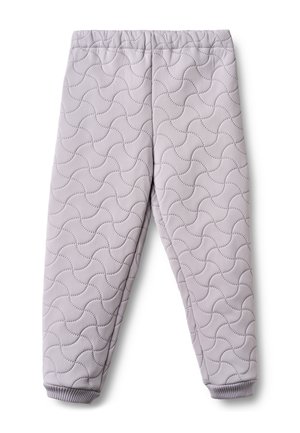 Pantaloni trapuntati grigio chiaro con motivo a onde, vita elastica e polsini a coste su sfondo bianco.