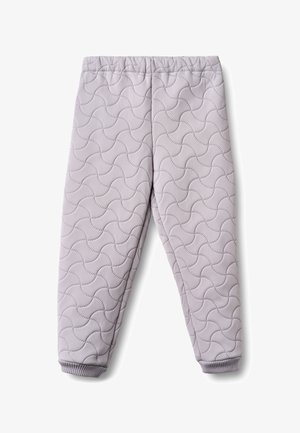 Light gray quilted pants with wavy stitch pattern, elastic waistband, and ribbed cuffs against white background.