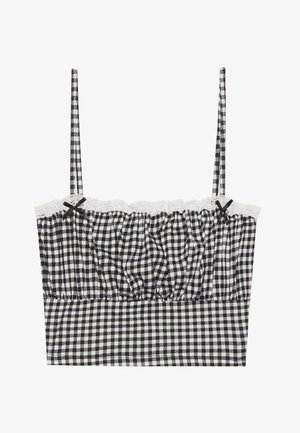 Zwart-witte gingham bralette met kantafwerking, geraffineerd ontwerp en dunne verstelbare schouderbandjes met kleine strikjes aan de voorkant.