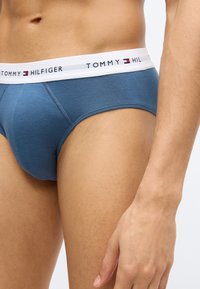 Μπλε βαμβακερά εσώρουχα με λευκή ελαστική μέση που φέρει το λογότυπο "TOMMY HILFIGER"· λεία υφή και εφαρμοστή σχεδίαση με περίγραμμα στο μπροστινό μέρος.