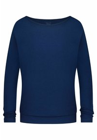 Marineblaues langärmliges Pullover-Sweatshirt mit weitem U-Boot-Ausschnitt, enganliegenden Bündchen und einer glatten, weichen Textur. Einfaches Design ohne Muster.