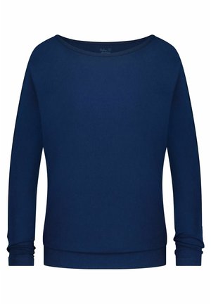 Marineblaues langärmliges Pullover-Sweatshirt mit weitem U-Boot-Ausschnitt, enganliegenden Bündchen und einer glatten, weichen Textur. Einfaches Design ohne Muster.