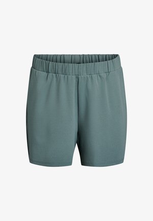 Green athletic shorts made from soft, stretchy fabric, featuring an elastic waistband and a simple, clean design without pockets.