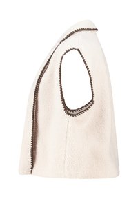 Crème fleece mouwloze vest met afgeronde armopeningen en donkerbruine decoratieve stiksels langs de randen en armopeningen.