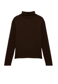 Brun, langærmet turtleneck sweater lavet af blødt materiale, forskønnede med spredte sorte paletter over fronten.
