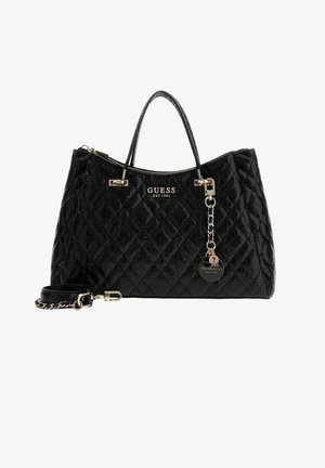 Borsa trapuntata nera con finitura lucida, ferrature color oro, doppio manico, tracolla staccabile e placca con logo sul davanti.