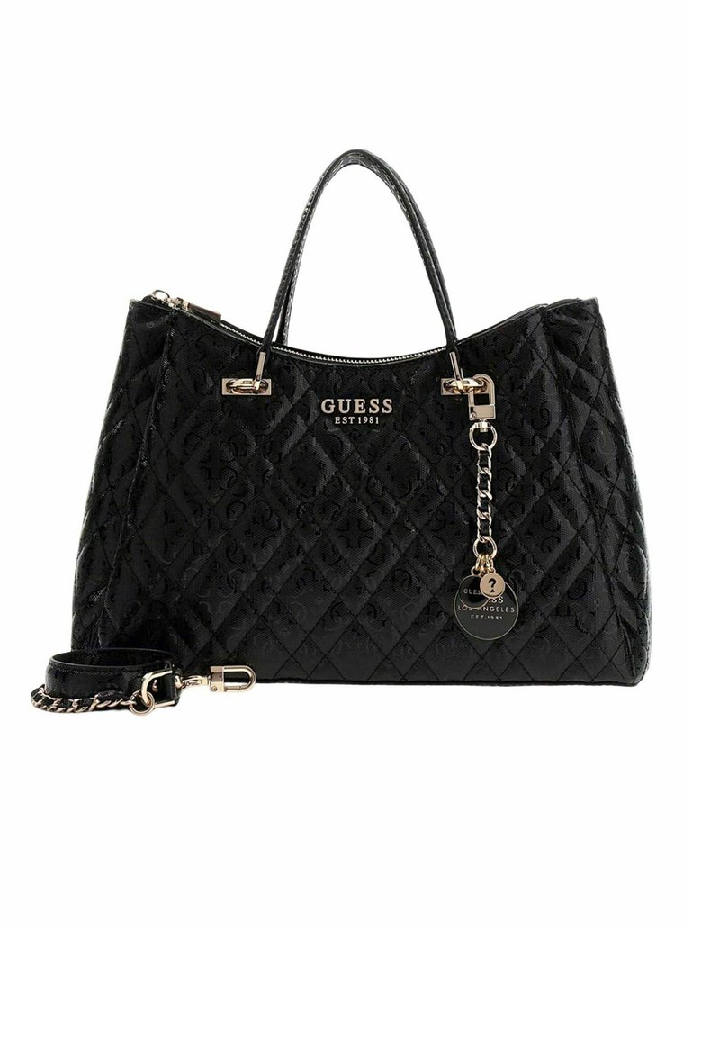 Sac à main noir matelassé avec une finition brillante, des ferrures dorées, deux poignées, une bandoulière amovible et une plaque logo sur le devant.