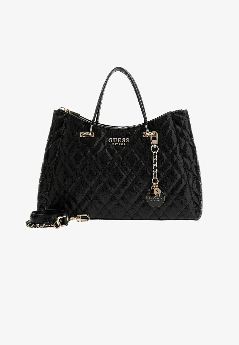 Sac à main noir matelassé avec une finition brillante, des ferrures dorées, deux poignées, une bandoulière amovible et une plaque logo sur le devant.