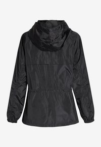 Black hooded windbreaker jacket with elastic cuffs and waist, shown from the back on a plain white background.