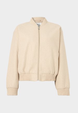 Veste bomber beige avec col et poignets côtelés, dotée d'une fermeture éclair frontale et d'une coupe décontractée, fabriquée en tissu doux.