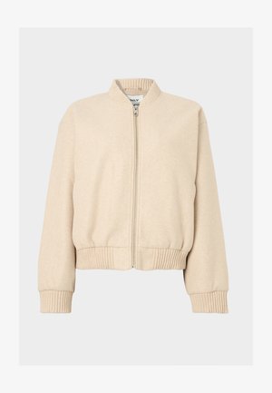 Béžová bomber bunda s rebrovaným golierom a manžetami, so zipsom vpredu a voľným strihom, vyrobená z mäkkej tkaniny.