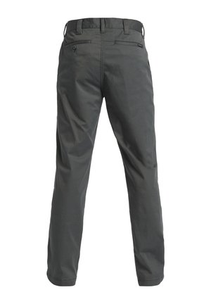 Gray, straight-leg pants made of cotton blend fabric. Features belt loops, two back pockets, and a clean finish at the hems.
