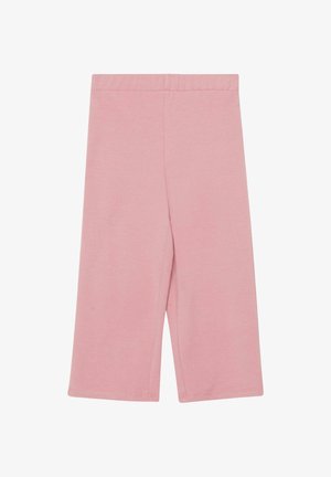 Miękkie różowe bawełniane spodnie dziecięce o szerokich nogawkach, z elastycznym pasem, długości do połowy łydki, z prostymi detalami szwów.