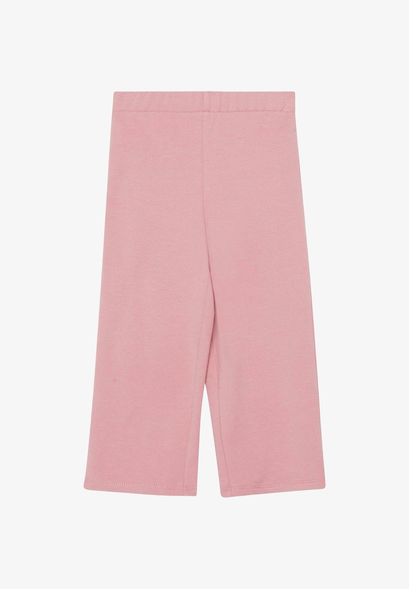Mehko roza bombažne otroške hlače širokih hlačnic z elastičnim pasom, dolžina do sredine meč, z enostavnimi šivi.