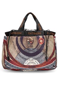 Grande borsa a spalla in tessuto texture con un motivo circolare colorato. Accentuata da manici neri e logo Gattinoni. Chiusura a coulisse.