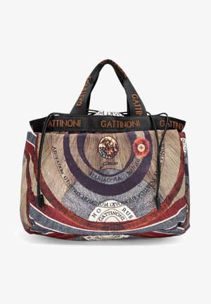 Grande borsa a spalla in tessuto texture con un motivo circolare colorato. Accentuata da manici neri e logo Gattinoni. Chiusura a coulisse.
