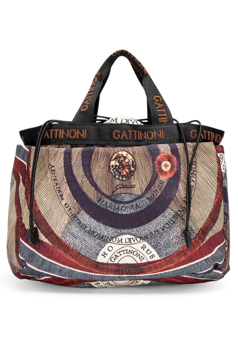 Grande borsa a spalla in tessuto texture con un motivo circolare colorato. Accentuata da manici neri e logo Gattinoni. Chiusura a coulisse.