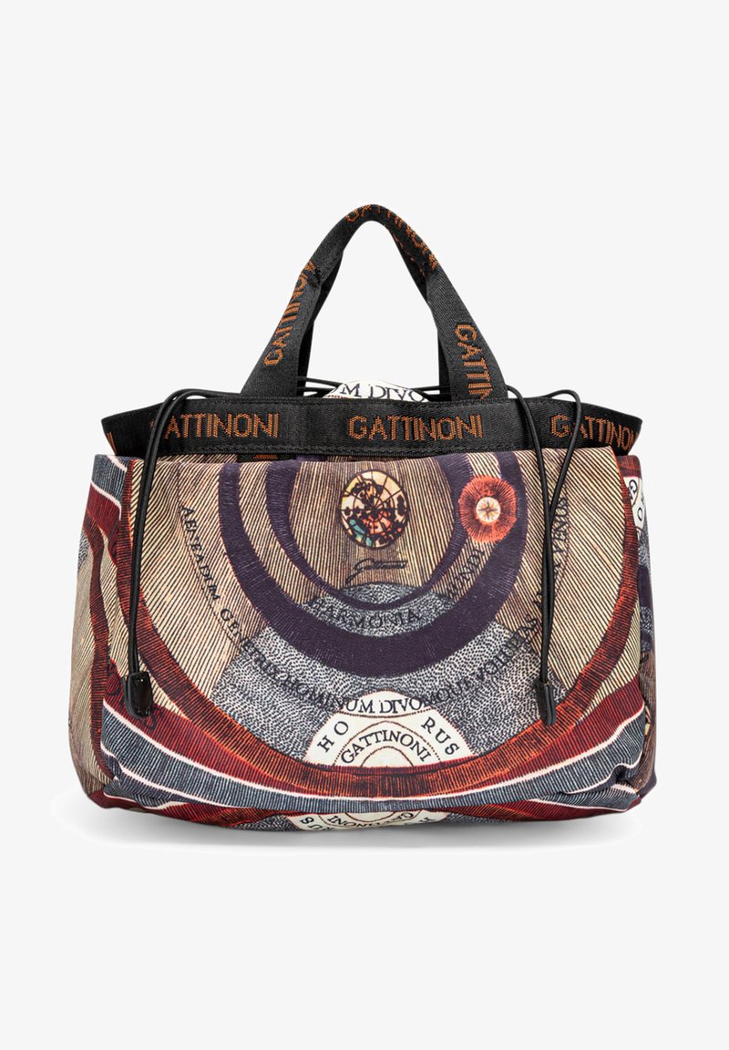 Grand sac fourre-tout en tissu texturé présentant un motif circulaire coloré. Équipé de poignées noires et du logo Gattinoni. Fermeture à cordon.