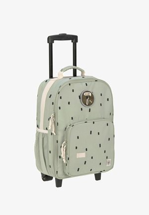 Green soft fabric suitcase with a speckled black pattern, two zippered compartments, retractable handle, and protective wheels.