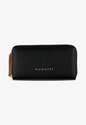 Black leather wallet with a textured finish, featuring a gold zipper and brand name embossed in gold on the front. Red accent on zipper.
