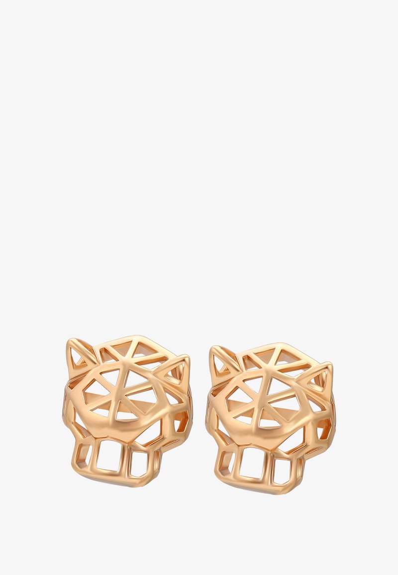 Et par geometriske guld øreringe formet som abstrakte kattesovne med åbent gitterdesign og spidse ører på en hvid baggrund.
