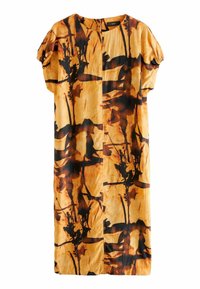 Vestido de manga corta, hasta la rodilla, en un cálido tono naranja con un patrón botánico negro. Tejido texturizado, escote redondo y suaves detalles plisados.