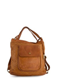 Brown leather handbag with woven texture and a front pocket. Features sturdy handles and an adjustable strap for versatile carrying options.