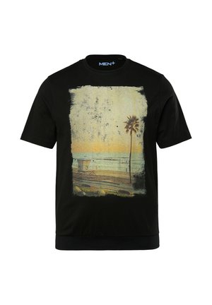 T-shirt in cotone nero con una grafica sbiadita di una scena balneare con una palma, una torre di salvataggio e l'oceano, incorniciata da un bordo texturizzato.