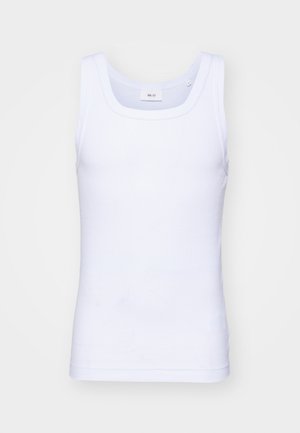 Top de algodão branco sem mangas com decote redondo, apresentando uma textura suave e um corte ajustado, projetado para uso casual.