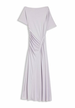 Lichtpaarse midi-jurk met korte mouwen, asymmetrisch geplooide ruches aan één kant en een vloeiende rok.