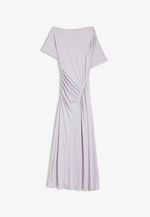Hellviolettes Midi-Kleid mit kurzen Ärmeln, asymmetrischem Raffungseffekt auf einer Seite und einem fließenden Rock.