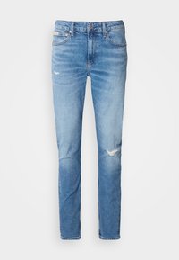 Ljust blå denimjeans med rak benpassform, med slitna områden vid knäna och subtil blekning, standard femficksdesign och knappstängning.