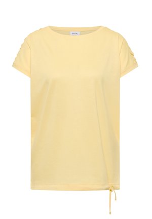 Hellgelbes Kurzarmshirt mit rundem Ausschnitt, kleinen Raffungen an den Ärmeln und verstellbarem Kordelzug am unteren rechten Saum.