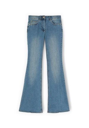 Jeans de mezclilla azul claro acampanados con cintura alta, cierre de botón y cremallera, y bolsillos delanteros y traseros.