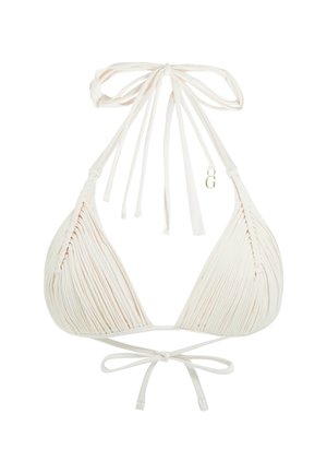 White bikini top with pleated fabric, triangular cups, and adjustable ties at the neck and back. Features a gold logo accent.