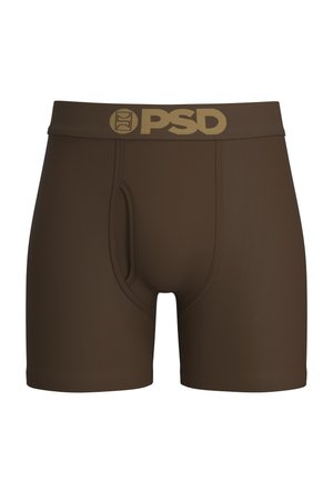 Bóxers marrones de hombre con bragueta frontal y una cinturilla que presenta el logo "PSD" en color beige.