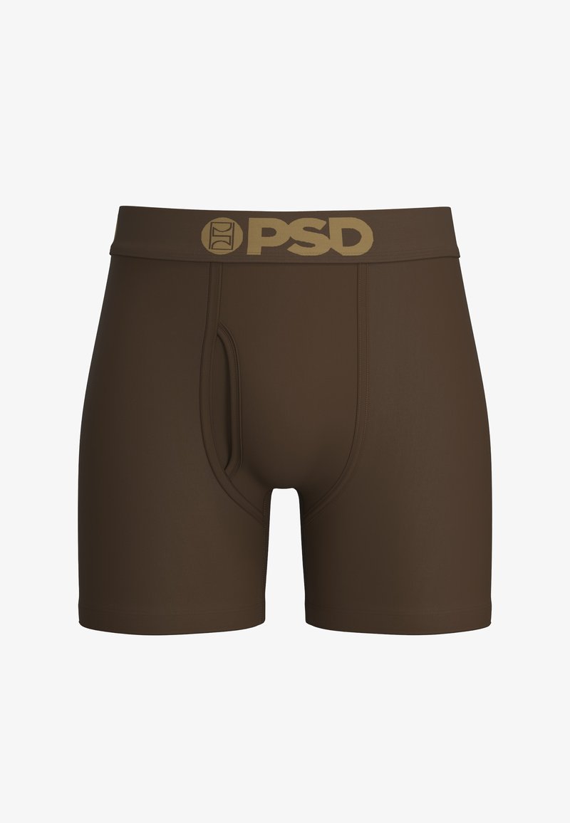 Boxer marron pour homme avec une braguette devant et une ceinture avec le logo "PSD" en beige.