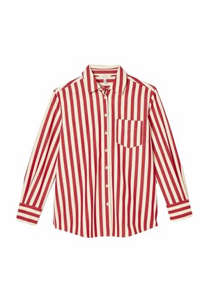 Red and white striped long-sleeve shirt with a button-down collar and a chest pocket. Features contrasting stripe pattern on cuffs.