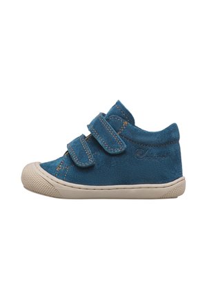 Blue suede toddler shoe with two Velcro straps and a beige rubber sole and toe cap, shown in left side profile.