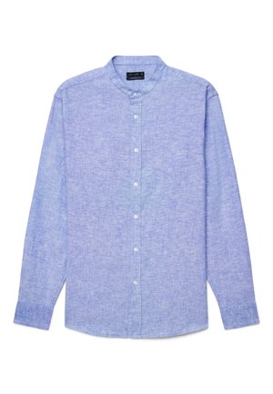 Hellblaues, langärmliges Hemd mit Knopfleiste, Stehkragen und einem dezenten strukturierten Stoffmuster.