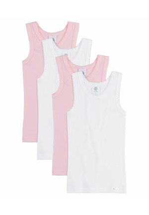 Vier ärmellose Tanktops in abwechselnd weißen und hellrosa Farben, überlappend in fächerförmiger Anordnung auf weißem Hintergrund.