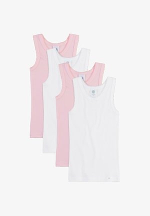 Vier ärmellose Tanktops in abwechselnd weißen und hellrosa Farben, überlappend in fächerförmiger Anordnung auf weißem Hintergrund.